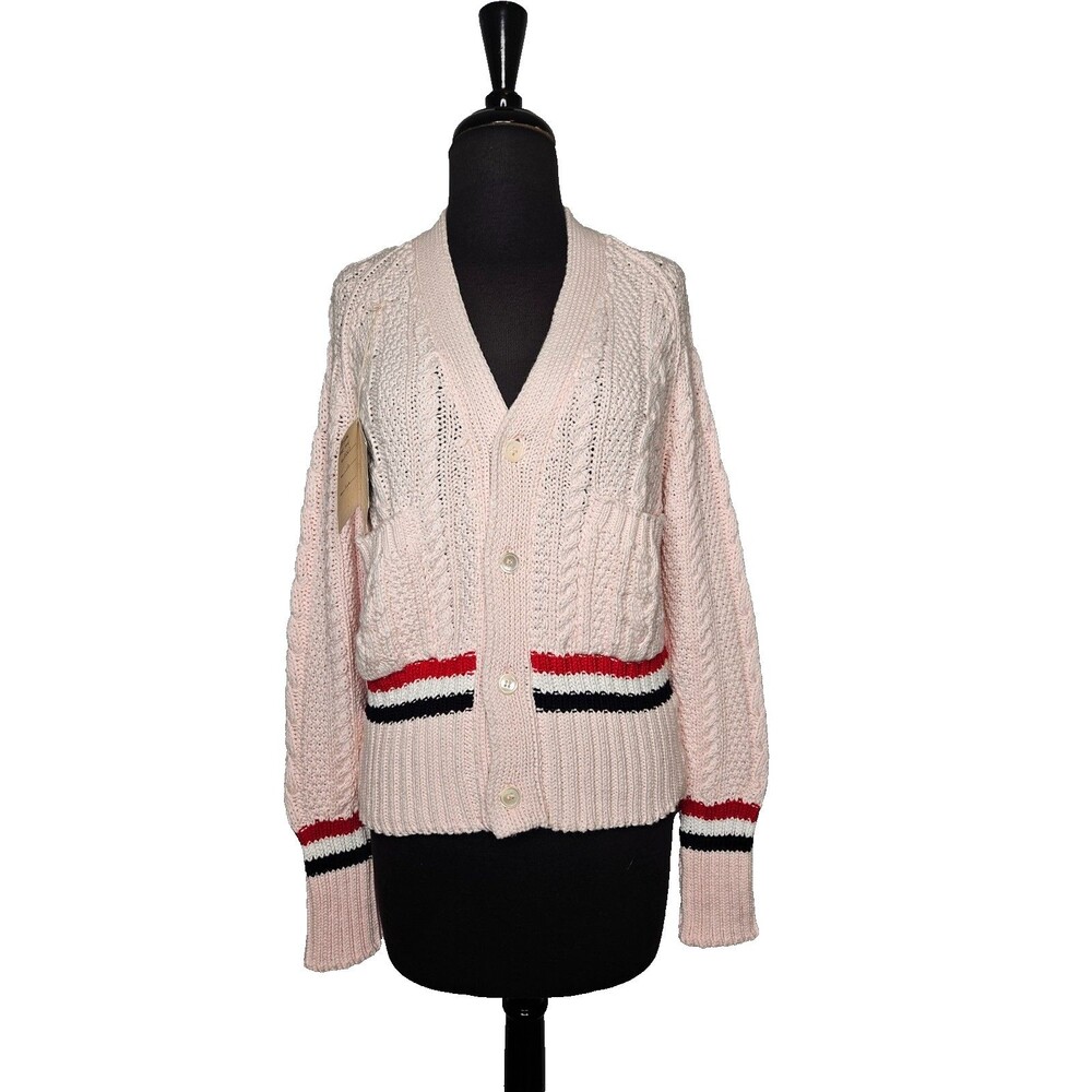 BONNER of IRELAND Women's Cable Knit Cardigan Sweater Medium Pink Striped Preppy